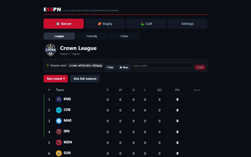 ESSPN — simulated league standings in a broadcast-styled web app