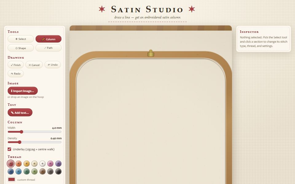 Satin Studio embroidery digitizer with an empty hoop